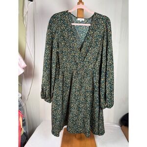 Rihoas Womens XL Ditsy Floral V-Neck Long Sleeve Mini Dress Green Orange Boho